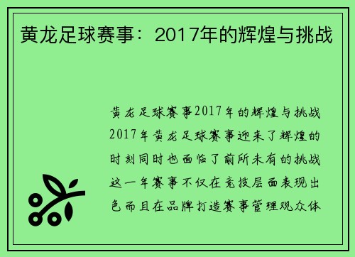 黄龙足球赛事：2017年的辉煌与挑战