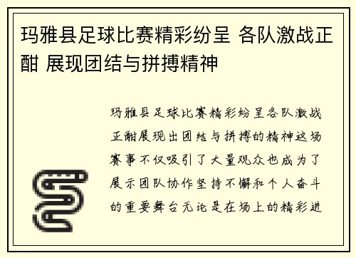 玛雅县足球比赛精彩纷呈 各队激战正酣 展现团结与拼搏精神