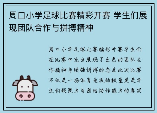 周口小学足球比赛精彩开赛 学生们展现团队合作与拼搏精神