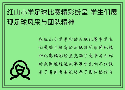 红山小学足球比赛精彩纷呈 学生们展现足球风采与团队精神