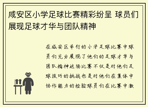 咸安区小学足球比赛精彩纷呈 球员们展现足球才华与团队精神