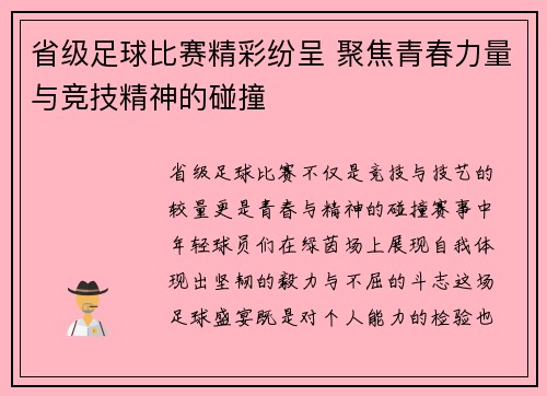 省级足球比赛精彩纷呈 聚焦青春力量与竞技精神的碰撞