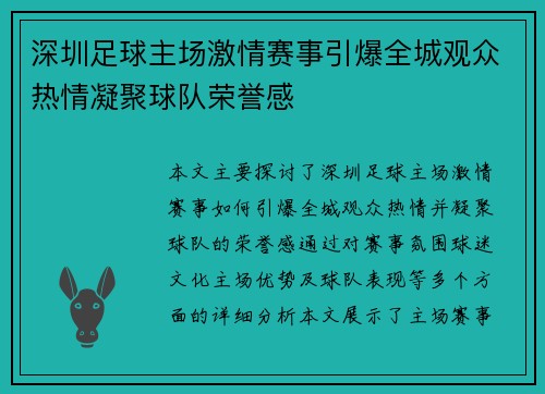 深圳足球主场激情赛事引爆全城观众热情凝聚球队荣誉感