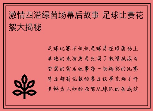 激情四溢绿茵场幕后故事 足球比赛花絮大揭秘