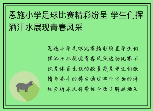 恩施小学足球比赛精彩纷呈 学生们挥洒汗水展现青春风采
