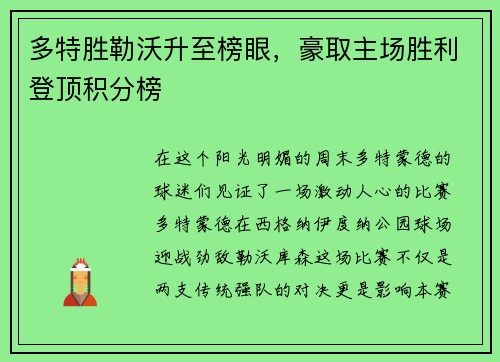 多特胜勒沃升至榜眼，豪取主场胜利登顶积分榜