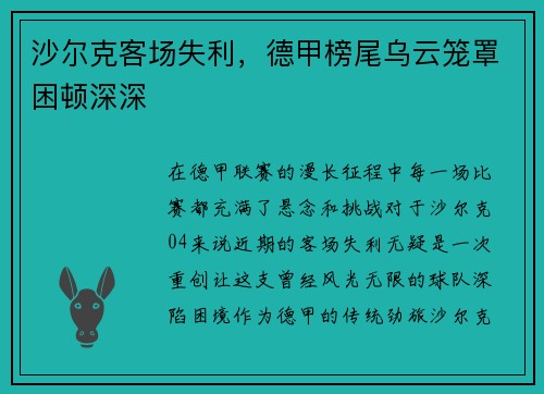 沙尔克客场失利，德甲榜尾乌云笼罩困顿深深