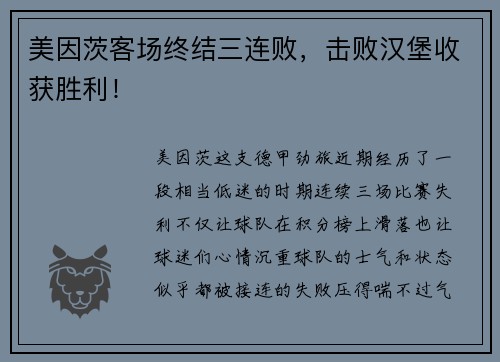 美因茨客场终结三连败，击败汉堡收获胜利！