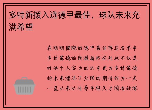 多特新援入选德甲最佳，球队未来充满希望