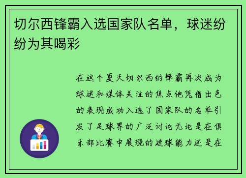 切尔西锋霸入选国家队名单，球迷纷纷为其喝彩