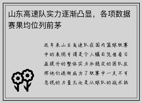 山东高速队实力逐渐凸显，各项数据赛果均位列前茅