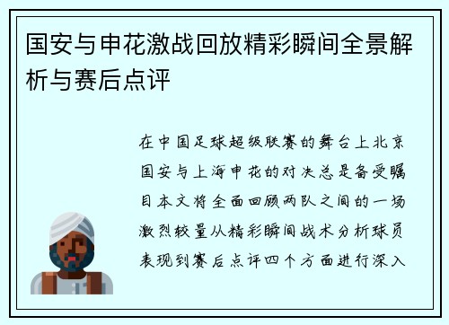 国安与申花激战回放精彩瞬间全景解析与赛后点评