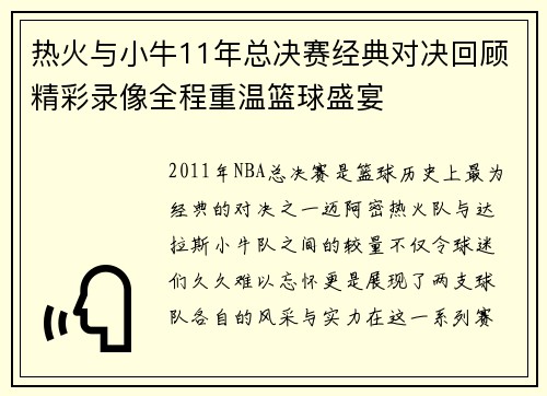 热火与小牛11年总决赛经典对决回顾精彩录像全程重温篮球盛宴