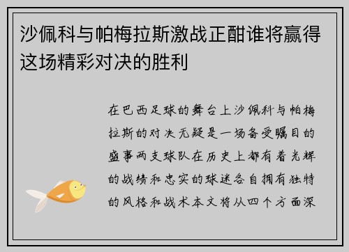 沙佩科与帕梅拉斯激战正酣谁将赢得这场精彩对决的胜利