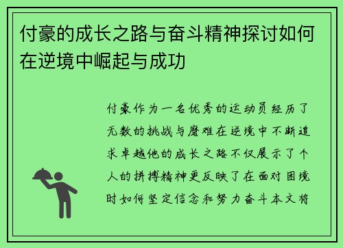 付豪的成长之路与奋斗精神探讨如何在逆境中崛起与成功