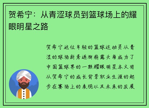 贺希宁：从青涩球员到篮球场上的耀眼明星之路