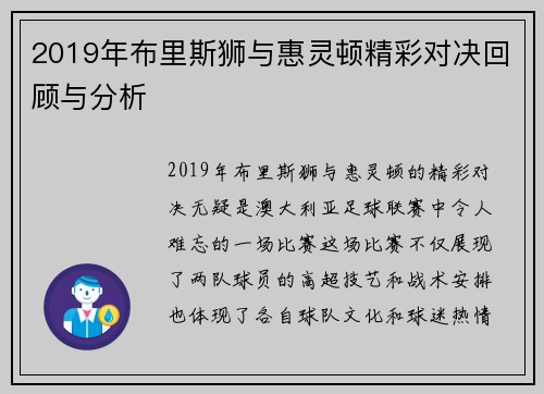 2019年布里斯狮与惠灵顿精彩对决回顾与分析
