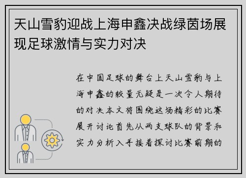 天山雪豹迎战上海申鑫决战绿茵场展现足球激情与实力对决