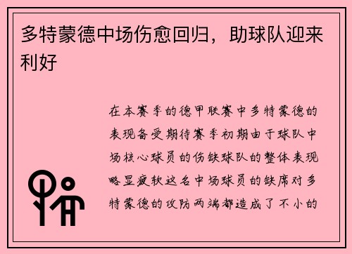 多特蒙德中场伤愈回归，助球队迎来利好