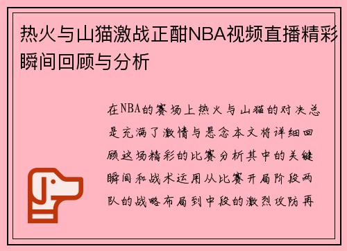 热火与山猫激战正酣NBA视频直播精彩瞬间回顾与分析